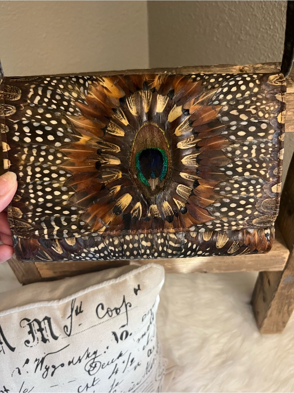 Vintage Genuine peacock leather  Embellished Clutch Purse - Brown & Green